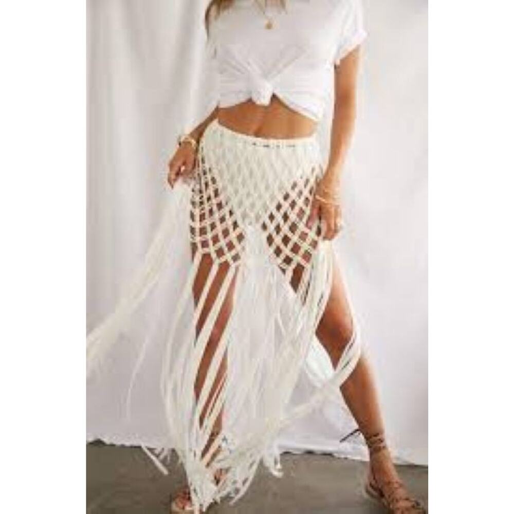 Forever 21 Crochet Fringe Maxi Skirt Womens Small White Boho Festival Beach